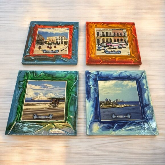 4 Decorative Ceramic Tiles Hand Painted Cuba Havana Scenes Collectible - Picture 1 of 7